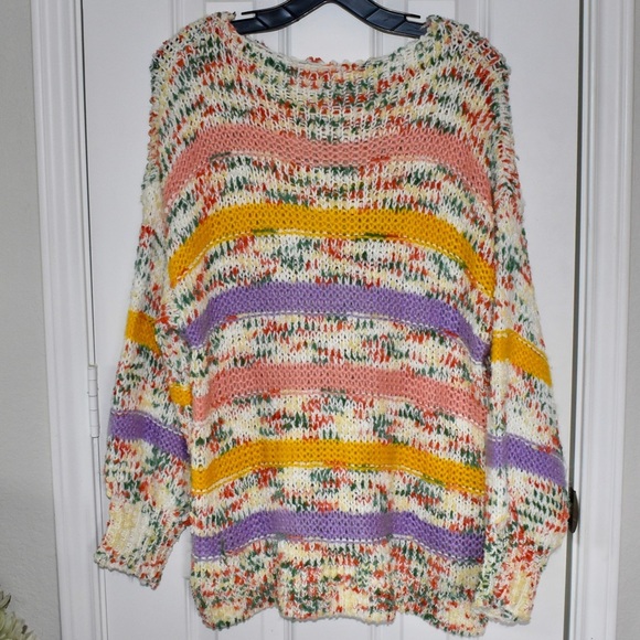 Sweaters - Oversized Floral Inspired Striped Crochet Sweater